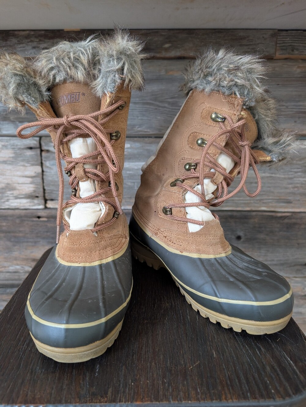 Women's Khombu Brown White Navy Faux-Fur Winter Duck Boots Sz 7